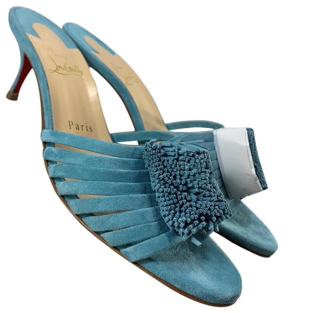 Belbrossa Noumea Aqua Blue 55mm Fringe Suede Kitten Heel Sandals D584